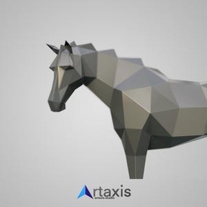 May include: A gray, low-poly style unicorn sculpture. The sculpture is made of a series of triangles that create a 3D effect.