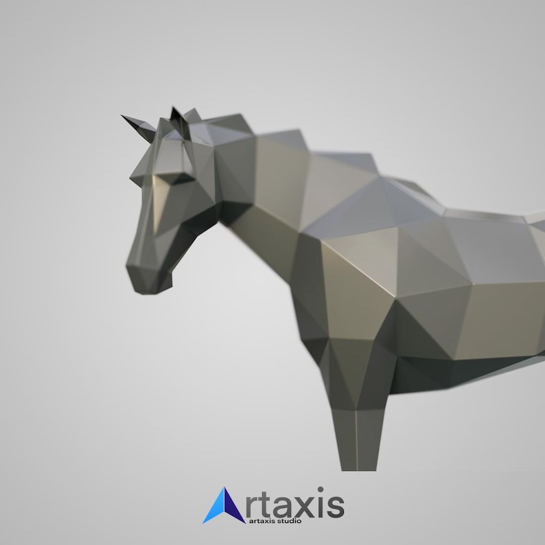 May include: A gray, low-poly style unicorn sculpture. The sculpture is made of a series of triangles that create a 3D effect.