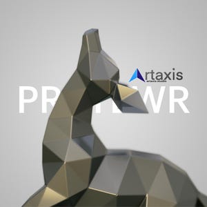 May include: A geometric, metallic sculpture of a swan in shades of gray and gold. The swan is composed of numerous triangular facets, creating a polygonal design. The text "PP" and "WR" are in white, with the "artaxis studio" logo.