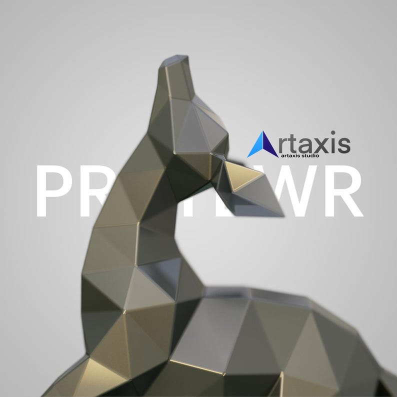 May include: A geometric, metallic sculpture of a swan in shades of gray and gold. The swan is composed of numerous triangular facets, creating a polygonal design. The text "PP" and "WR" are in white, with the "artaxis studio" logo.