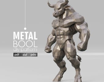 May include: A metallic gray, geometric bull sculpture with the text "METAL BOOL diy pattern" and file type indicators. The bull is muscular and stands on four legs, with horns and a tail. The artaxis studio logo is in the bottom corner.