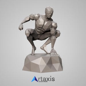 May include: A low-poly 3D printed model of a superhero in a crouching pose, standing on a rocky base. The model is made of a light gray plastic.
