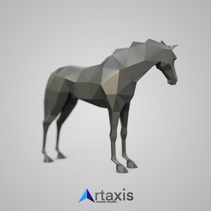 May include: A low-poly 3D model of a gray horse standing on a white background. The horse is rendered in a simple, geometric style.