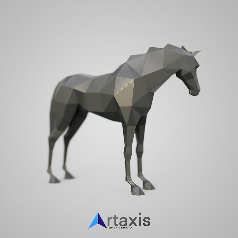 May include: A low-poly 3D model of a gray horse standing on a white background. The horse is rendered in a simple, geometric style.