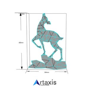 May include: A geometric deer sculpture design, rendered in gray with light blue outlines, standing on a rocky base. The design is 800mm tall (31.5 inches) and 564mm wide (22.2 inches). The logo "artaxis" is at the bottom.