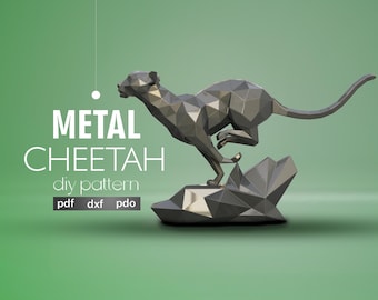 May include: A silver metal cheetah sculpture in a running pose. The cheetah is made of geometric shapes and is a DIY pattern for metal crafting. The text "METAL CHEETAH diy pattern pdf dxf pdo" is displayed below the sculpture.