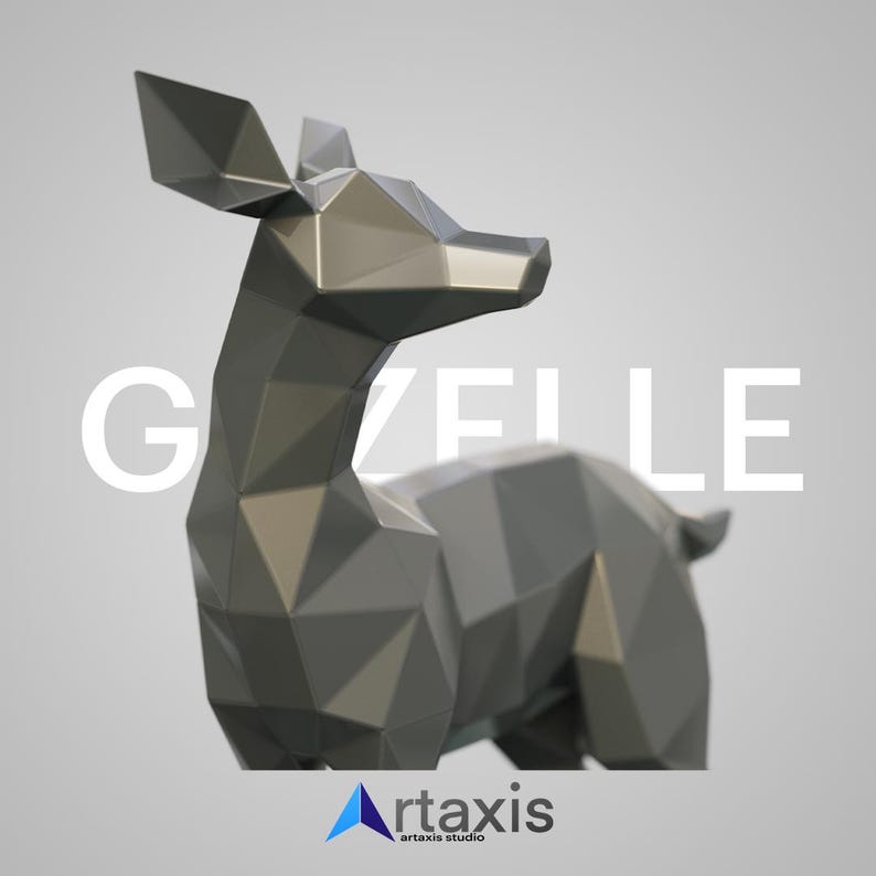 May include: A gray, geometric, low-poly sculpture of a deer. The sculpture is made of many triangles and has a smooth, metallic finish.