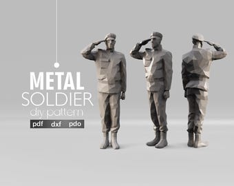 Soldier Salute Metal Sculpture DIY Template: Low Poly Military Art PDF for Papercraft Enthusiasts