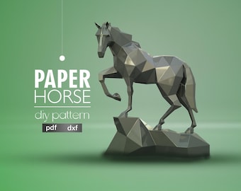 3D Low Poly Horse Papercraft DIY Template: Modern Geometric Animal Sculpture PDF & DXF Guide