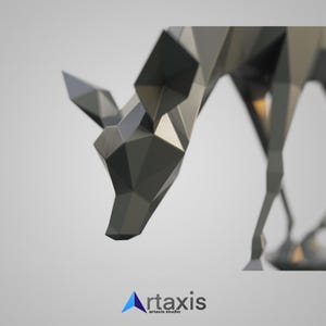 May include: A black, low-poly, geometric sculpture of a deer with its head down. The sculpture is made of many small triangles and has a smooth, metallic finish.