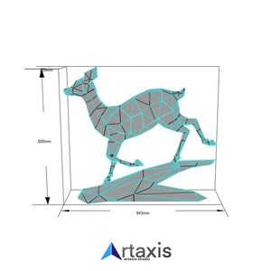 May include: A 3D model of a grey deer with a blue wireframe, running on a grey platform. The model is 943mm wide, 800mm tall, and 25mm deep.