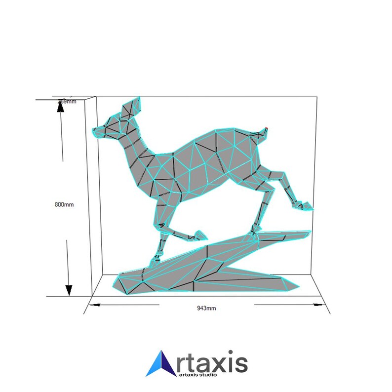May include: A 3D model of a grey deer with a blue wireframe, running on a grey platform. The model is 943mm wide, 800mm tall, and 25mm deep.