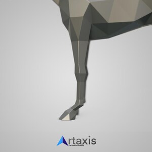 May include: A close-up of a gray, polygonal, 3D model of a deer's leg. The leg is bent at the knee and the hoof is visible. The model is made of many small triangles that create a textured surface.
