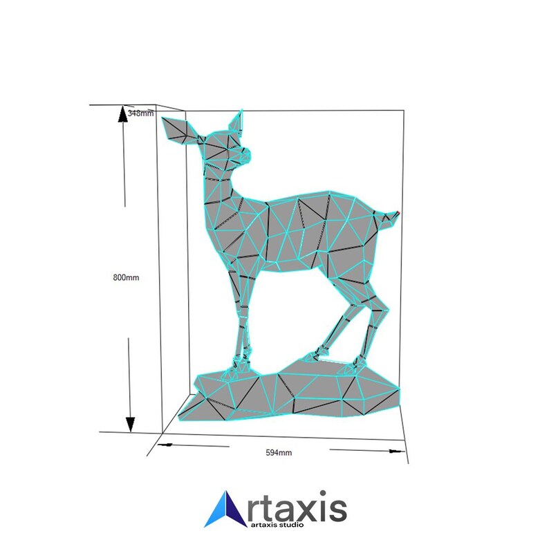 May include: A 3D model of a deer, rendered in a low-poly style. The deer is standing on a base and is made of gray and blue plastic. The model is 594 mm wide, 800 mm tall, and 340 mm deep.