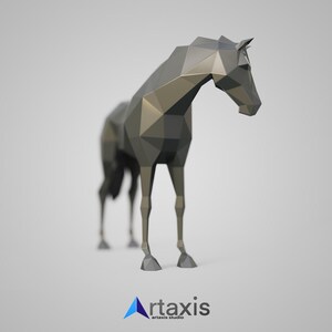 May include: A low-poly 3D model of a gray horse rendered in a simple style. The horse is standing on a white background.