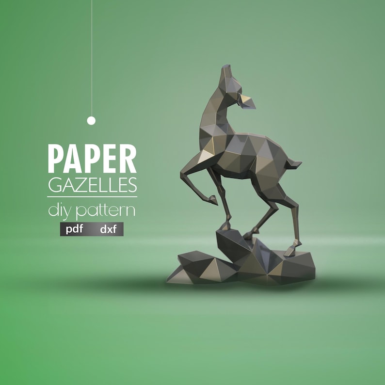 May include: A geometric paper gazelle sculpture in shades of gray, standing on a rock formation. The image includes the text "PAPER GAZELLES diy pattern pdf dxf" against a green background.