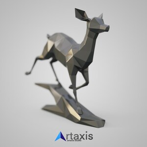 May include: A silver, geometric deer sculpture in a running pose. The deer is standing on a geometric base.