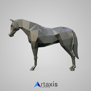 May include: A low-poly 3D model of a gray horse rendered in a side profile. The horse is standing on a white background.