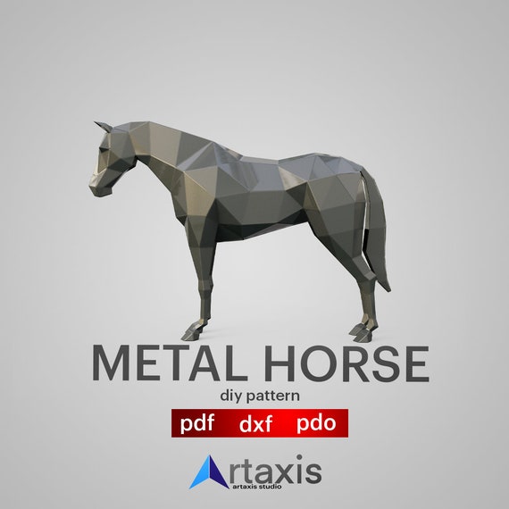 Polygonal Metal Horse Sculpture: 3D Low Poly Art DIY Template (pdf, dxf, pdo)