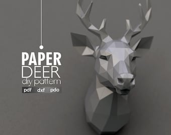 DIY Geometric reindeer Head Paper Sculpture, Low Poly Wall Art (Digital Download)