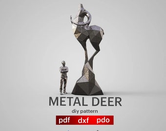 May include: A metal deer sculpture with a geometric design. The sculpture is standing on a rock base. The sculpture is large, as a person is standing next to it for scale. The image includes the text "METAL DEER diy pattern pdf dxf pdo Artaxis artaxis studio".