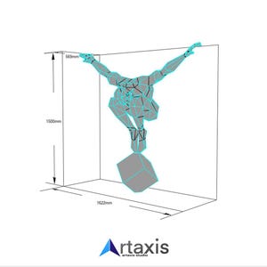 May include: A 3D wireframe model of a person in a crouching pose, with arms outstretched, standing on a gray cube. The model is 569 mm wide, 1500 mm tall, and 1622 mm deep.