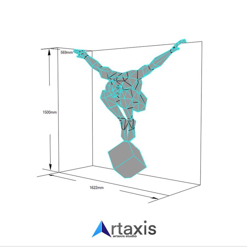 May include: A 3D wireframe model of a person in a crouching pose, with arms outstretched, standing on a gray cube. The model is 569 mm wide, 1500 mm tall, and 1622 mm deep.