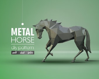 May include: A geometric, metallic gray horse sculpture in a dynamic pose, set against a gradient green background. The image includes the text "METAL HORSE DIY pattern" with file format options: PDF, DXF, and PDO. The artaxis studio logo is at the bottom.