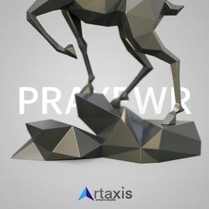 May include: A geometric, metallic gray sculpture of a deer, mounted on a faceted base. The sculpture has a modern, angular design. The text "PRAKE WR" is displayed in white across the image, with the "artaxis studio" logo at the bottom.