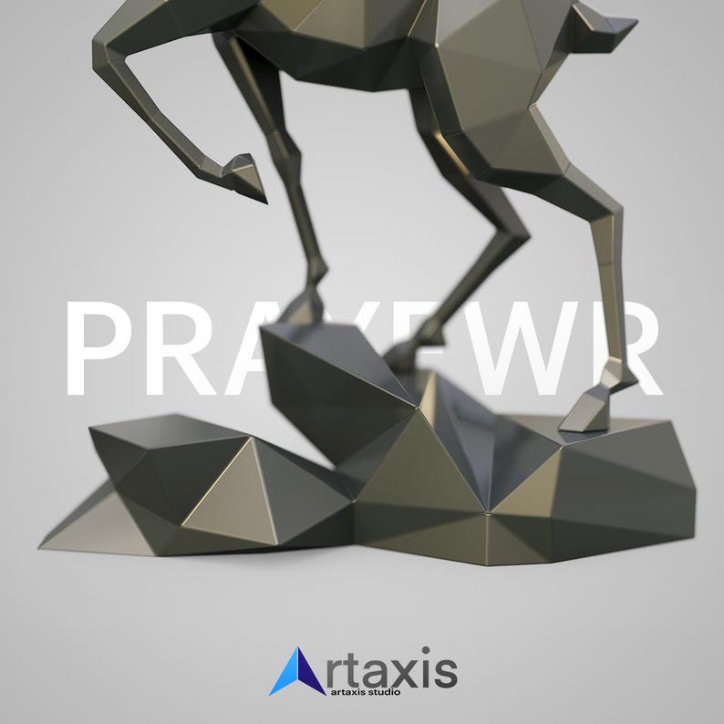 May include: A geometric, metallic gray sculpture of a deer, mounted on a faceted base. The sculpture has a modern, angular design. The text "PRAKE WR" is displayed in white across the image, with the "artaxis studio" logo at the bottom.