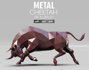 Geometric DIY Metal Bull Sculpture: Downloadable Origami-Inspired Art Template PDF for Low Poly Papercraft