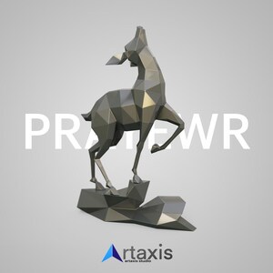 May include: A geometric, metallic deer sculpture in a standing pose, mounted on a faceted base. The sculpture is a dark gray color and features the text "PRATWR" in white. The logo for "artaxis studio" is at the bottom.