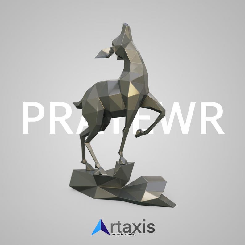 May include: A geometric, metallic deer sculpture in a standing pose, mounted on a faceted base. The sculpture is a dark gray color and features the text "PRATWR" in white. The logo for "artaxis studio" is at the bottom.