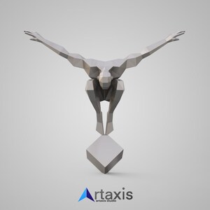 May include: A white, geometric, stylized sculpture of a person in a diving pose, standing on a white cube. The sculpture is made of a series of connected triangles.