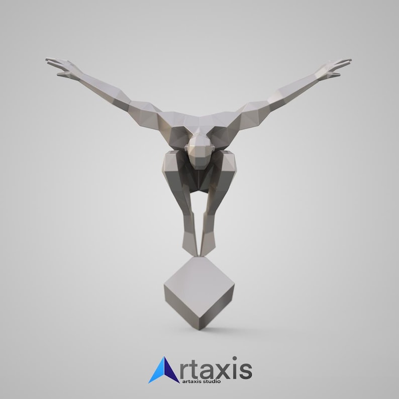 May include: A white, geometric, stylized sculpture of a person in a diving pose, standing on a white cube. The sculpture is made of a series of connected triangles.