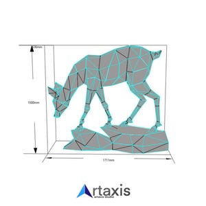 May include: A 3D model of a deer, rendered in a low-poly style. The deer is standing on a rocky surface and is looking down. The model is 17.11 inches wide, 15 inches tall, and 6.36 inches deep.