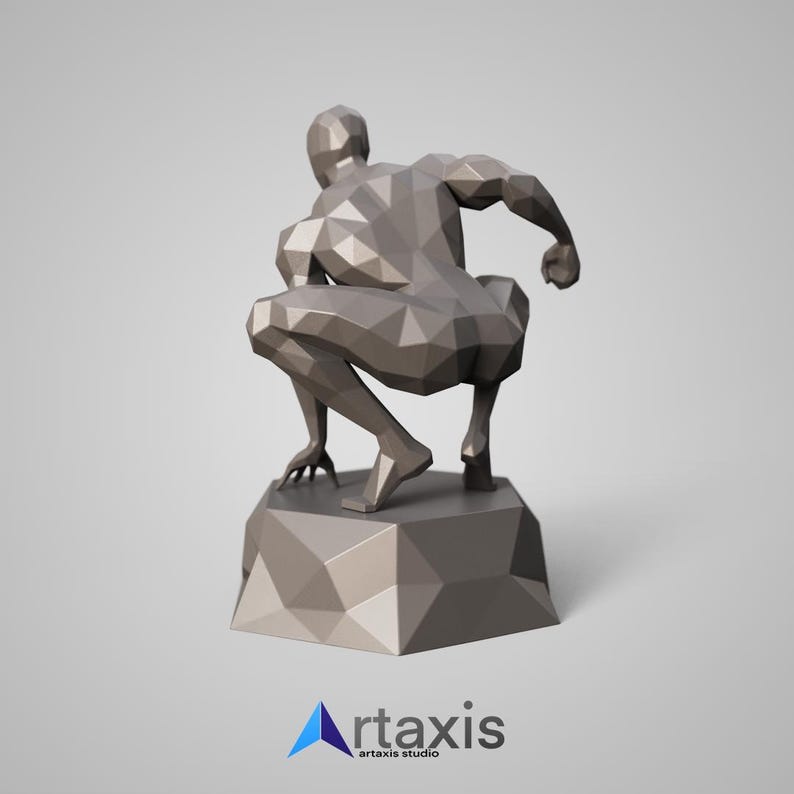 May include: A low-poly, gray, 3D printed sculpture of a person in a crouching pose. The sculpture is standing on a gray, low-poly base.