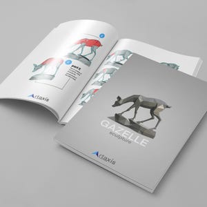May include: A gray and white paper booklet with the title "GAZELLE sculpture" and the logo "Artaxis" on the cover. The booklet is open to a page with a diagram of a gazelle sculpture, showing the different parts of the sculpture.