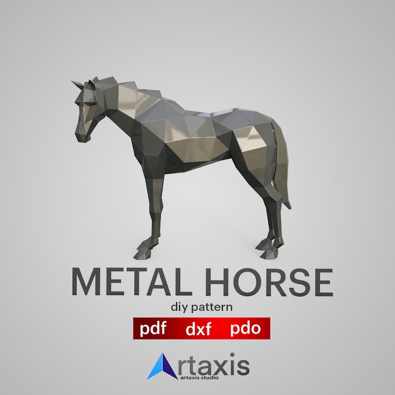 May include: A silver metal horse model with a geometric design. The model is standing on a white background. The text "METAL HORSE" is below the model, with the words "diy pattern" and "pdf dxf pdo" below that. The text "Artaxis" is below that, with the words "artaxis studio" below that.