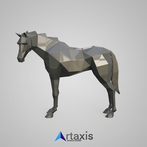 May include: A low-poly, silver-colored horse sculpture. The horse is standing on all four legs with its head lowered. The sculpture is made of many small triangles that create a geometric look.