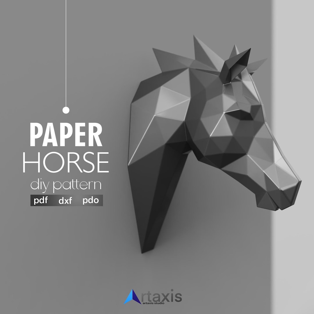 Sculpture géométrique en papier faite main de tête de cheval, art mural ...