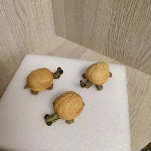 Puede incluir: Tres figuras decorativas de tortugas. Cada tortuga tiene un cuerpo de cáscara de nuez y patas, cabeza y cola verdes. Las tortugas están dispuestas sobre una superficie blanca.