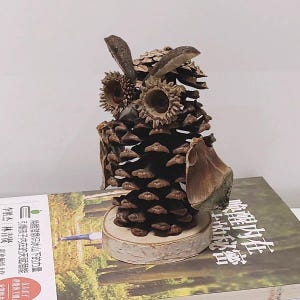 May include: A handcrafted owl figurine made from pinecones, acorns, and wood. The owl has large, detailed eyes and ear tufts. It is perched on a small wooden base, and rests on top of a book with Chinese text.
