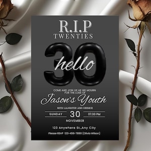 30. Geburtstagseinladungsvorlage, 30. Geburtstag einladen, Dirty 30, RIP 20s einladen, Geburtstagsbrunch, Party einladen bearbeitbar druckbar animiert