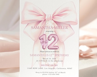 Pink Bow 12th Birthday Invitation: Coquette Party Evite (Digital Template)