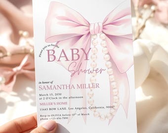 May include: A baby shower invitation featuring a large pink bow and a string of pearls. The invitation includes the text "BABY Shower" and details for Samantha Miller's baby shower, including the date, time, and location.