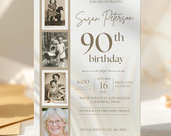 May include: A cream-colored invitation for Susan Peterson's 90th birthday. The invitation includes vintage black and white photos and details such as the date, time, dress code, and RSVP information. The text is in a soft brown color.