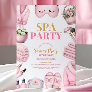 Editable Spa Birthday Party Invitation for Girls | Pink Pamper Party Invite | Little Girl Spa Day Pink Bow Glam Canva Template – Printable
