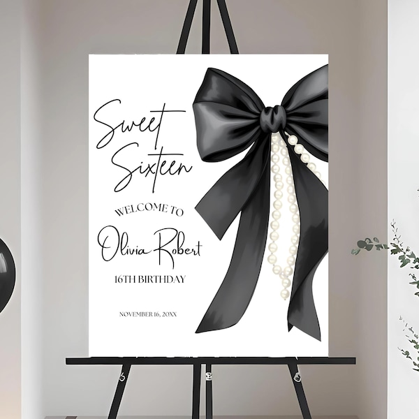 Sweet Sixteen Birthday Welcome Sign Black Bow 16th Birthday Party Poster, Black Ribbon Coquette, Editable Template, Printable, Instant
