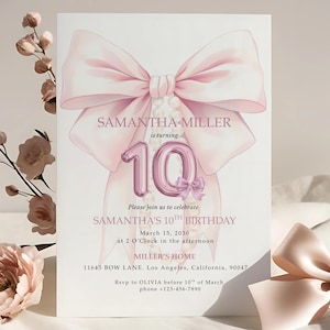 Faire-part 10e anniversaire modifiable pour fille | Coquette rose Tween Party Evite | Invitation numérique pour fille de 10 ans | Modèle anniversaire noeud rose